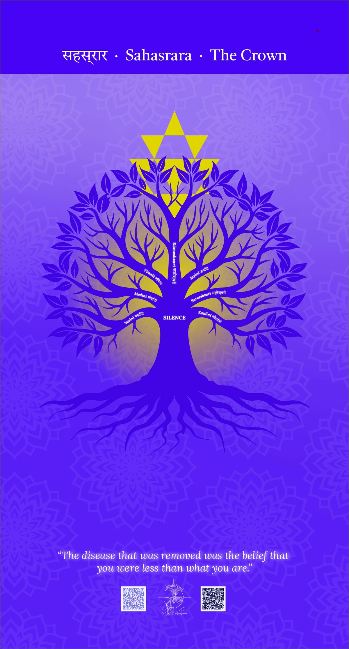 Sahasrara tree — violet ground, purple tree with seven Vāgdevī names on the branches, SILENCE inscribed at the trunk's center, golden Shatkona (six-pointed star) at the apex above the branches